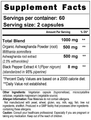 Ashwagandha supplement facts 1000mg root powder extract piperine label