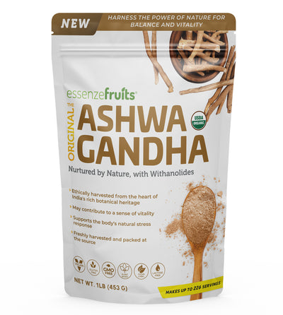 Essenzefruits New Organic Ashwagandha Root Powder - Non-GMO, Indian Ginseng, Withania Somnifera -100% Raw from India. Finest Grade A Root Powder 1 lbs (16 oz - 453 g) - EssenzeFruits