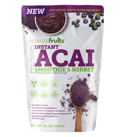 NEW Instant Acai Smoothie & Sorbet - Essenzefruits Instant Premium  Acai Bowl & Smoothie Instant Mix - Non-GMO, Gluten-Free, Vegan, Acai Powder, Antioxidant Superfood Berry From Brazil - 16oz - EssenzeFruits