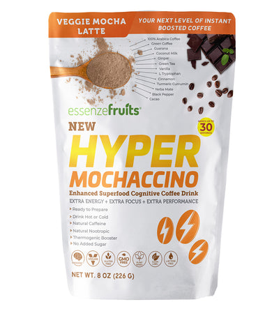 New Essenzefruits Hypermochaccino Instant Energy Coffee Drink - Premium Plant Based Superfood Energy Coffee Blend Keto, Gluten, Soy & Dairy Free - No additives - Aftertaste Free, Sugar Free (8.81 Oz - 250 gr) - EssenzeFruits