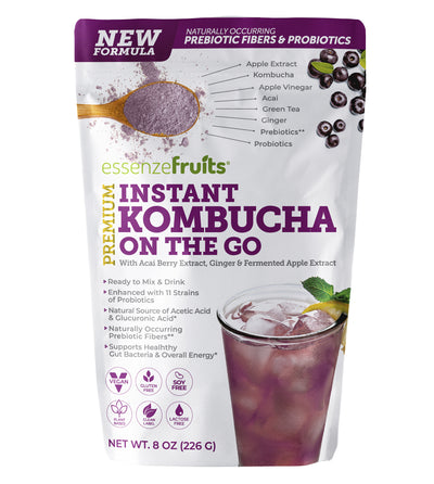 Instant Acai Kombucha On The Go Superfood - Drink Mix with Probiotics and Prebiotics, Vitamin C, Delicious Acai Berry Taste and No Added Sugar. Perfect for a Clean Label Beverage, Make up to 30 Cups of Refreshing Kombucha, 8 Oz (226g). - EssenzeFruits