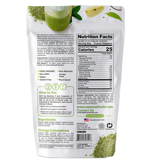 Instant Premium Organic Matcha Latte - Perfect Blend of Matcha & Coconut Milk - Increases Energy. Antioxidant, Gluten Free, Vegan (Shakes, Smoothies, Lattes, Baking) - EssenzeFruits