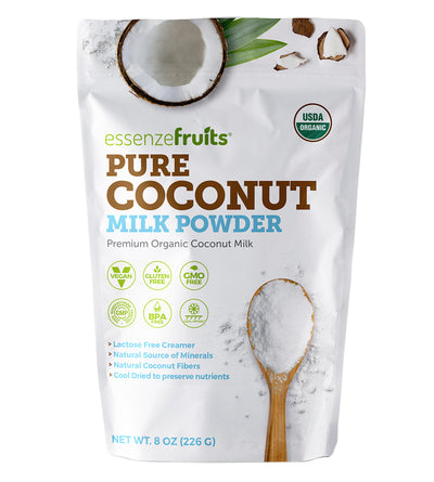 Essenzefruits Pure Organic Coconut Milk Powder - Premium Maltodextrin Free, No Sugar Added, Dairy Free, USDA Organic, Vegan, Keto & Paleo Friendly, No Additives, Pre Biotic Fibers, 27 Servings - 8 Oz - EssenzeFruits
